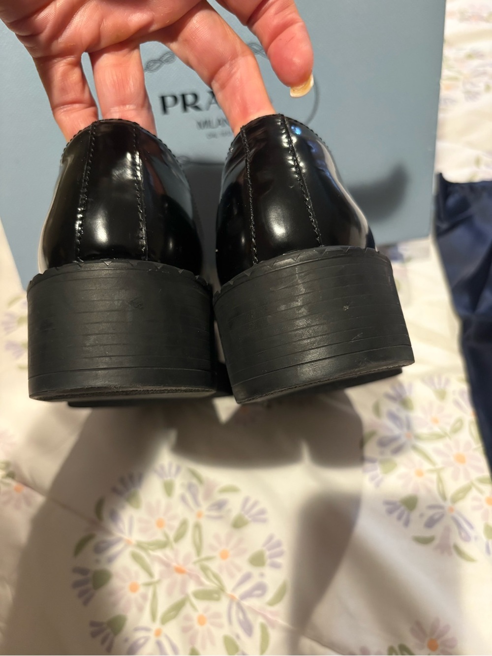 Women's Prada Black Patent Leather Penny Loafers with Logo Plaque - Picture 4 of 8